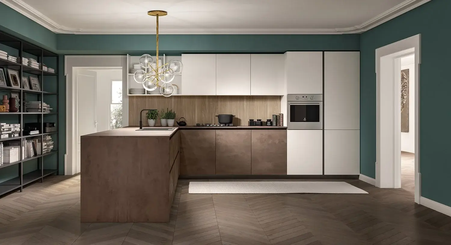 Render di una cucina moderna con anta liscia