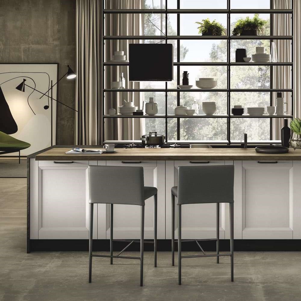 Render di una cucina contemporanea moderna con anta a telaio