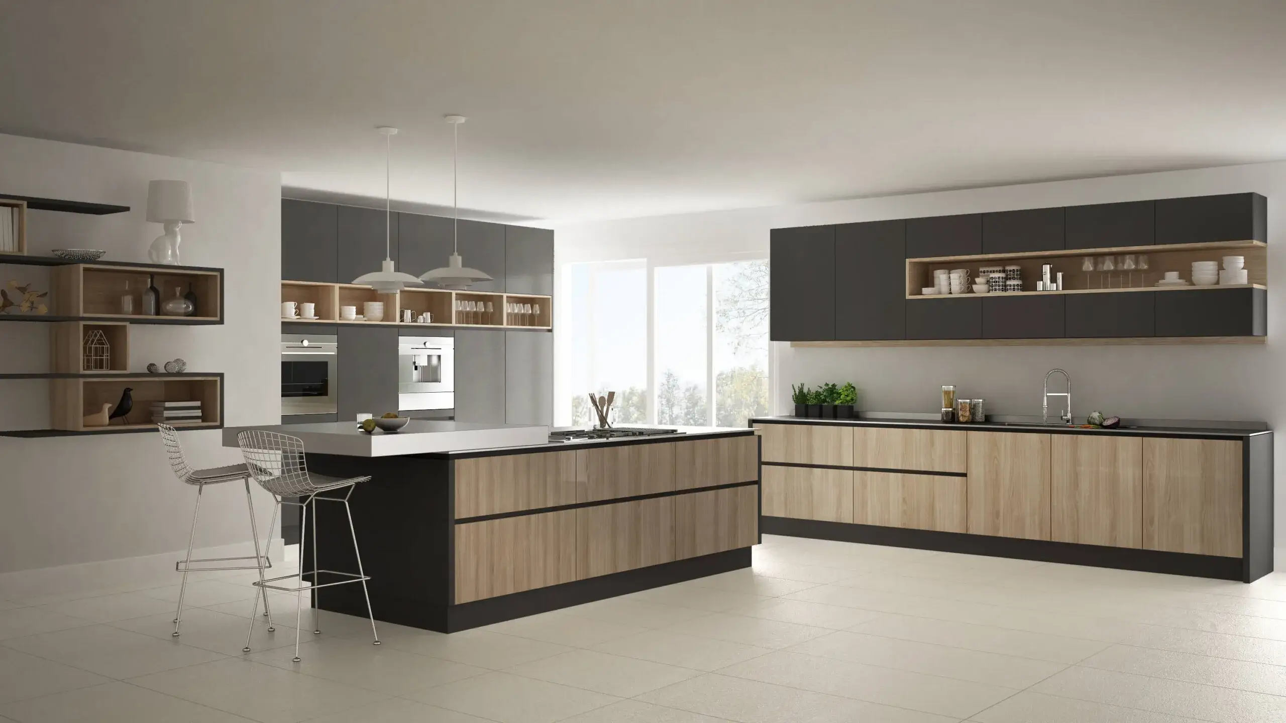 Render di una cucina moderna con anta liscia in pet su misura