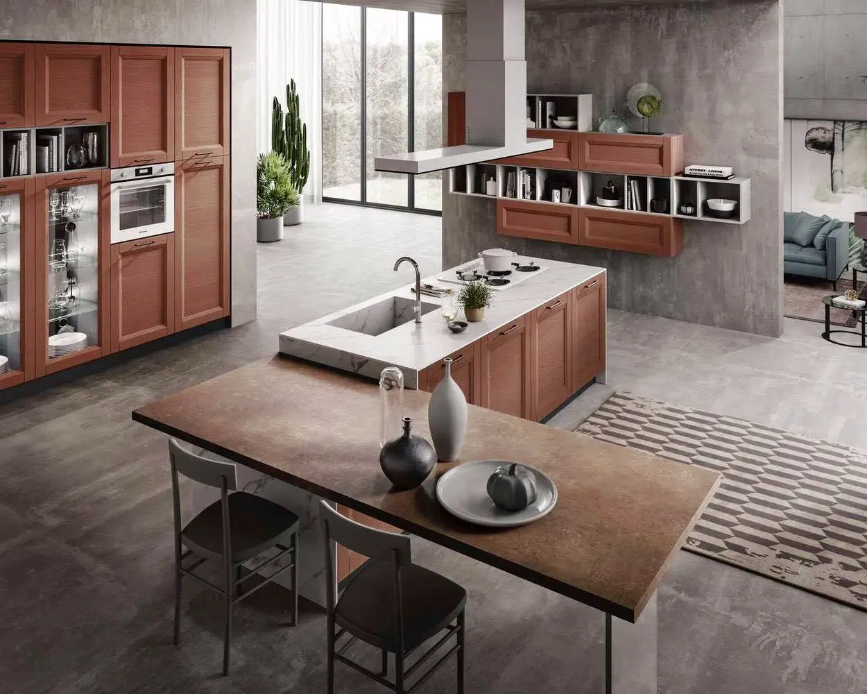 Render di una cucina classica con anta bugnata