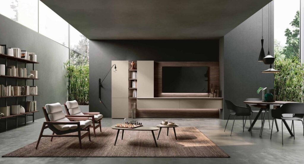 Render di una parete attrezzata moderna per soggiorno