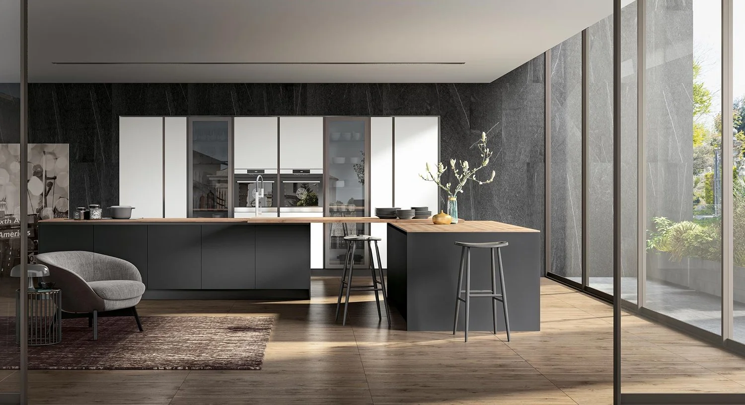 Render di una cucina su misura moderna con anta liscia laccata